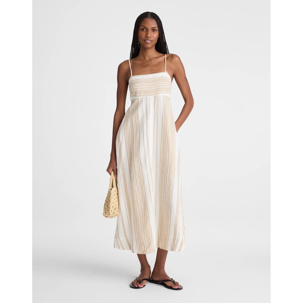 Madewell Empire-Waist Midi Dress in 100% Linen Khaki White Stripe Medium NWT